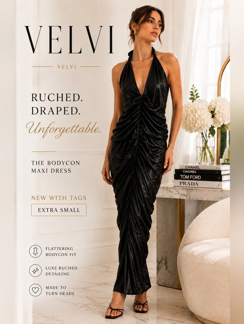 NWT VELVI Black Ruched Bodycon Maxi Dress XS Sexy Deep V Glam Goddess Evening